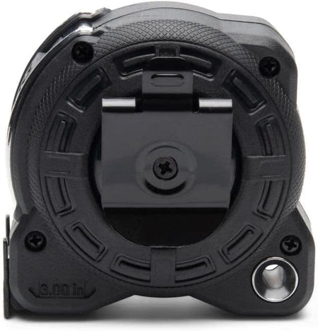 A rear view of the Lufkin Shockforce G2 16-foot tape measure, showing the black metal belt clip, tether point, and the 3.00-inch base measurement.