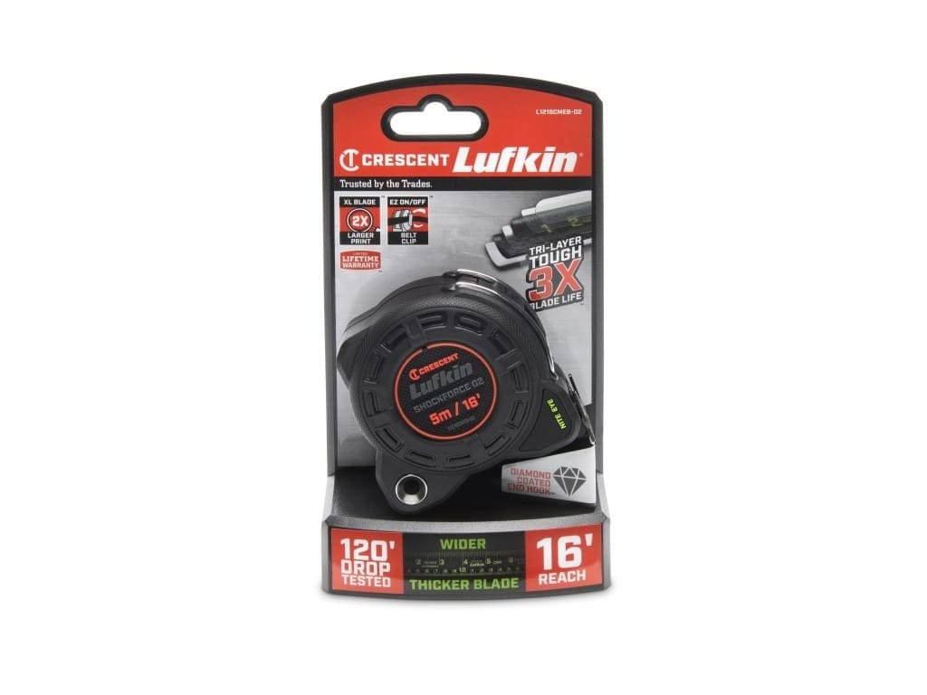 The Crescent Lufkin Shockforce G2 16-foot tape measure, model L1216CMEB-02, shown in its official retail blister pack packaging. The packaging highlights features like "120' DROP TESTED" and "16' REACH."