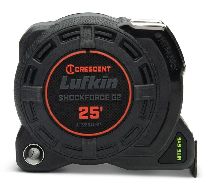 A profile studio shot of the Crescent Lufkin Shockforce G2 25-foot tape measure (L1225BAL-02), showing the rugged case, tether point, and "NITE EYE" label.
