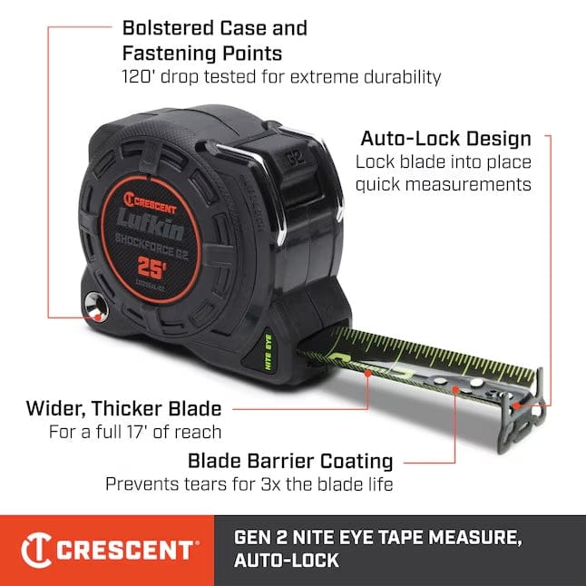 An informational graphic of the Lufkin Shockforce G2 Nite Eye tape measure, with callouts pointing to key features: "Bolstered Case and Fastening Points," "Auto-Lock Design," "Wider, Thicker Blade," and "Blade Barrier Coating."