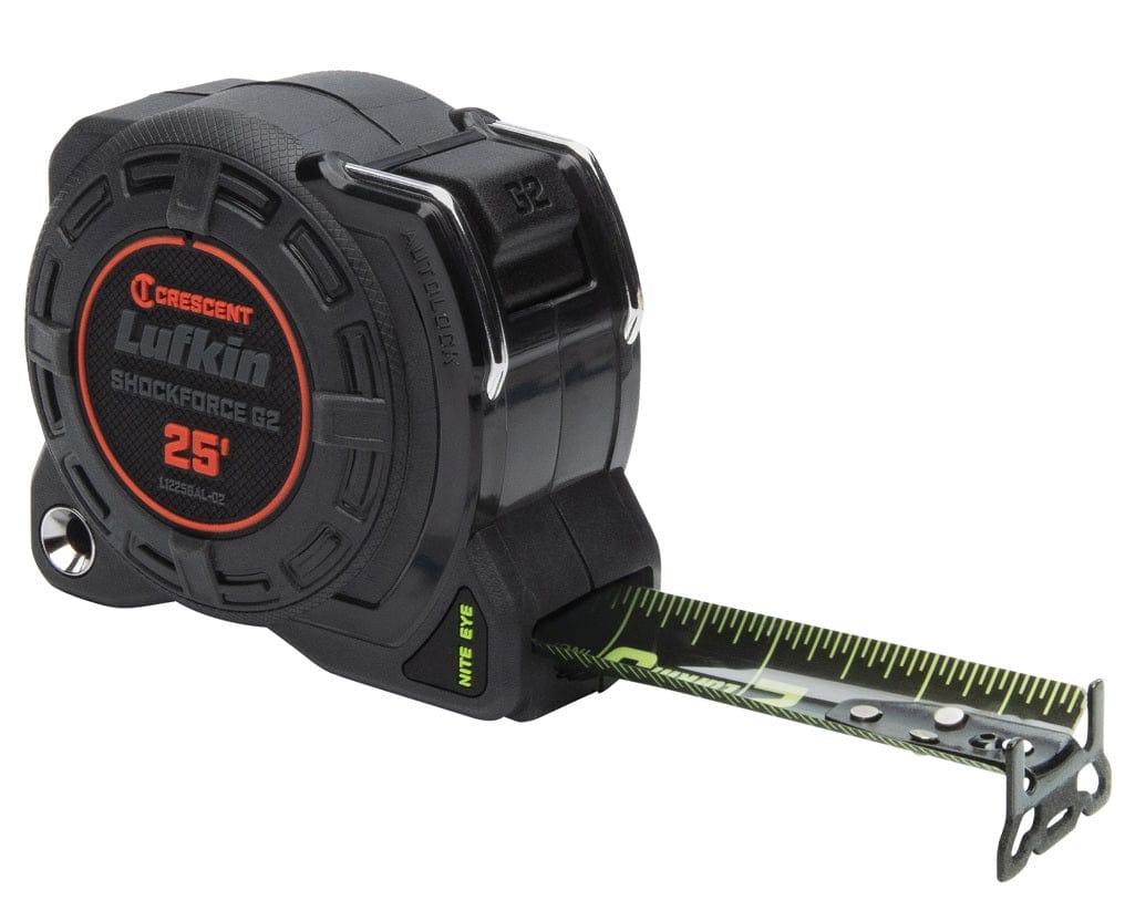 A three-quarter studio shot of the Lufkin Shockforce G2 25-foot tape measure with the Nite Eye blade partially extended, showing the non-magnetic, diamond-coated end hook.