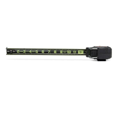A top-down studio shot of the Lufkin Shockforce G2 Nite Eye tape measure. The black and green blade is extended horizontally, showing both SAE (inches) and metric (centimeters) markings.