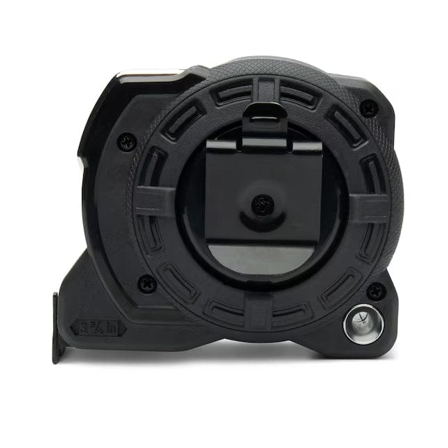 A rear view of the Lufkin Shockforce G2 25-foot tape measure, showing the black metal belt clip, tether point, and the 3 3/4-inch base measurement.