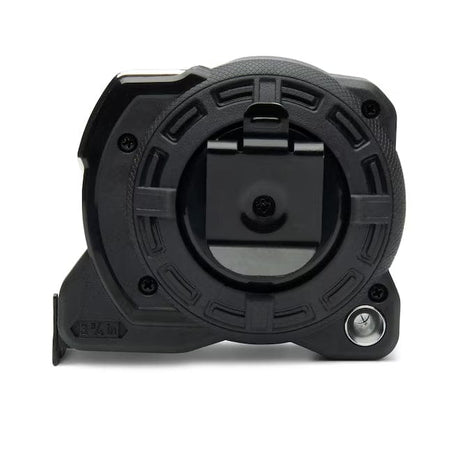 A rear view of the Lufkin Shockforce G2 25-foot tape measure, showing the black metal belt clip, tether point, and the 3 3/4-inch base measurement.