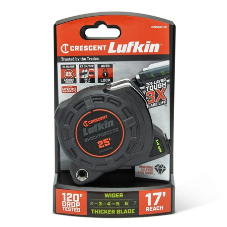 The Crescent Lufkin Shockforce G2 25-foot tape measure, model L1225BAL-02, shown in its official retail blister pack packaging, which highlights features like "120' DROP TESTED," "17' REACH," and "AUTO LOCK."