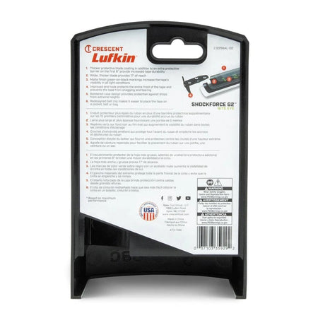 The back of the retail packaging for the Lufkin Shockforce G2 Nite Eye tape measure, model L1225BAL-02, detailing its features in English, French, and Spanish.