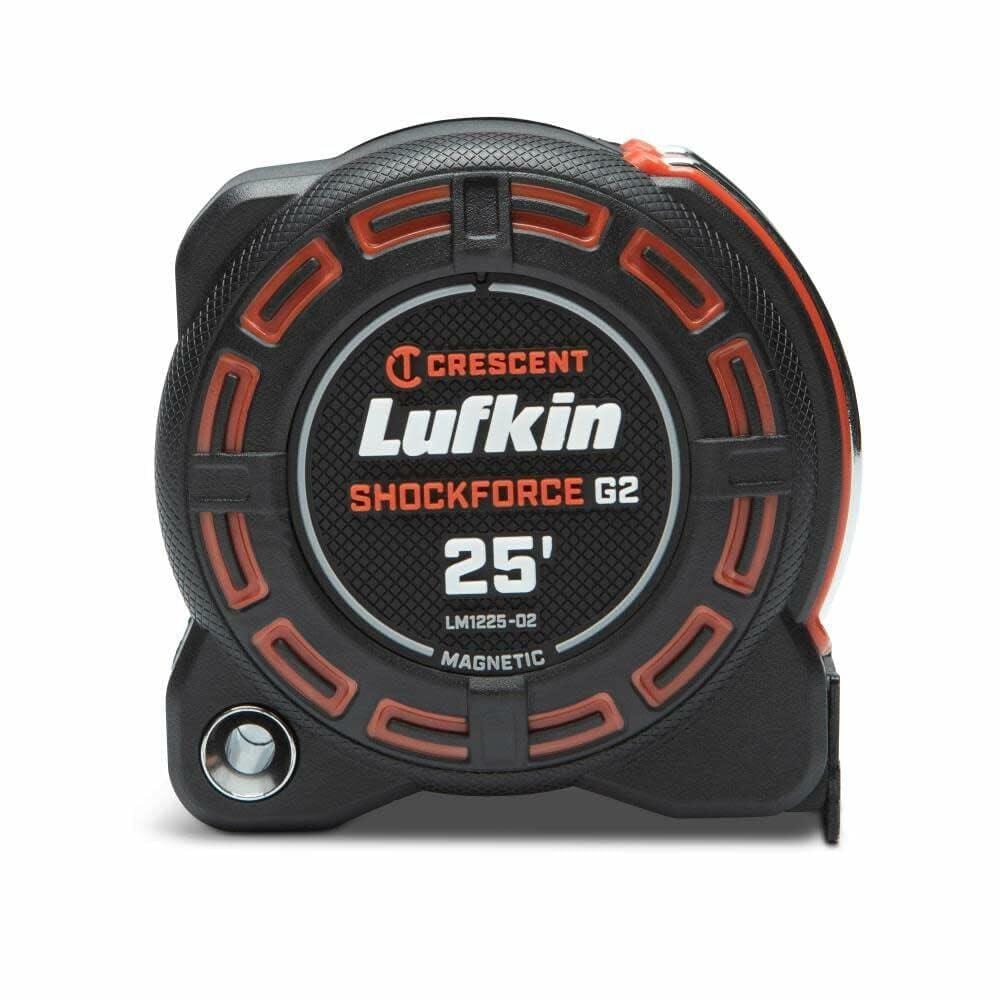 A profile studio shot of the Crescent Lufkin Shockforce G2 25-foot magnetic tape measure, showing the logo, rugged case, and tether point.