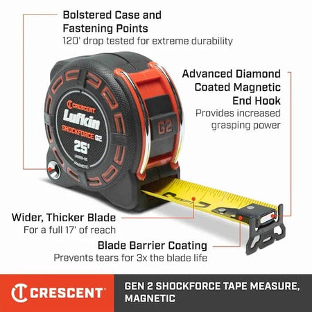 An informational graphic of the Lufkin Shockforce G2 tape measure with callouts pointing to key features: "Bolstered Case and Fastening Points," "Advanced Diamond Coated Magnetic End Hook," "Wider, Thicker Blade," and "Blade Barrier Coating."