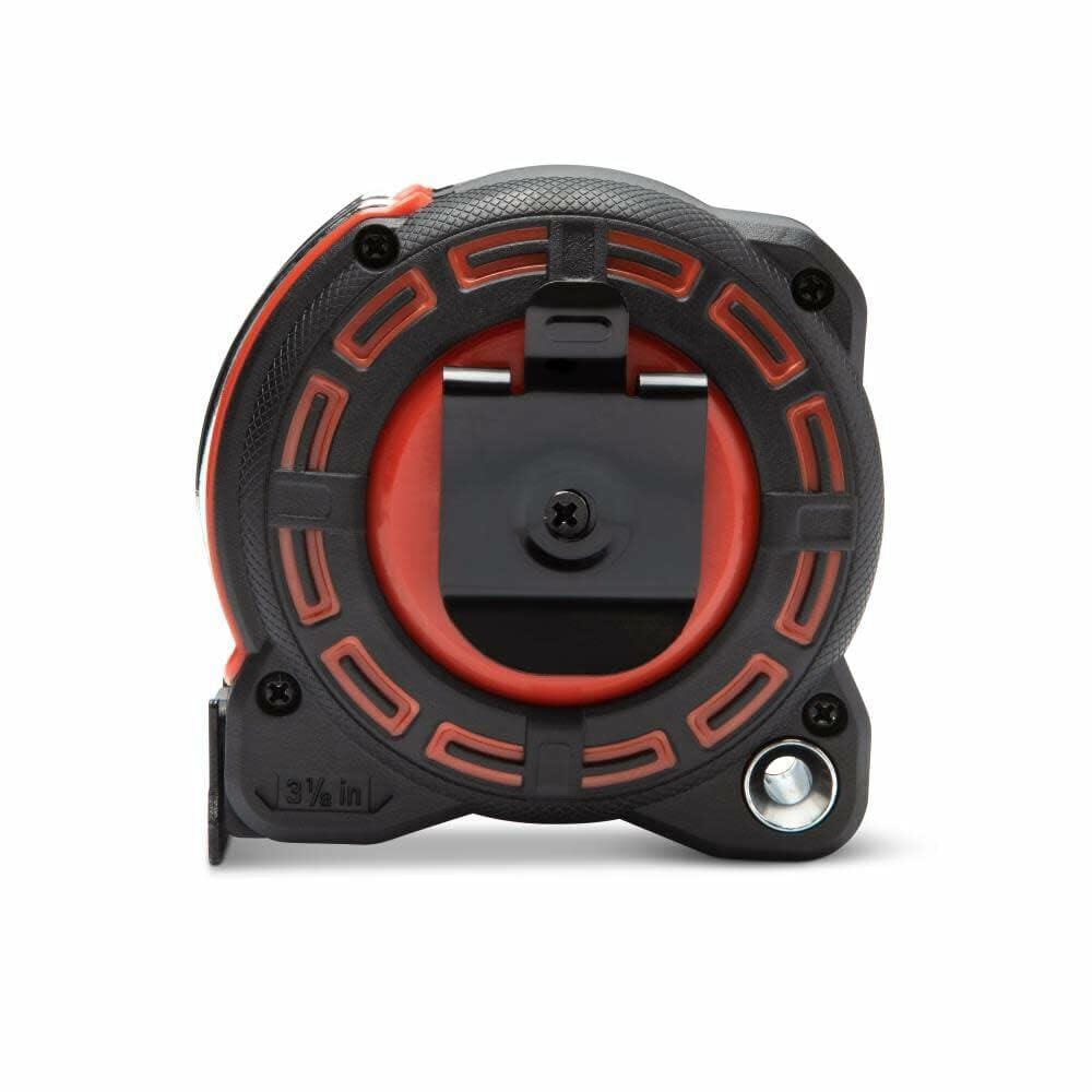 A rear view of the Lufkin Shockforce G2 25-foot tape measure, showing the black metal belt clip, tether point, and the 3 1/8-inch base measurement.