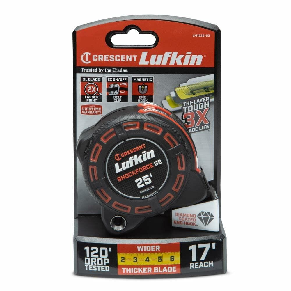 The Crescent Lufkin Shockforce G2 25-foot tape measure, model LM1225-02, shown in its official retail blister pack packaging, which highlights features like "120' DROP TESTED," "17' REACH," and "DIAMOND COATED END HOOK."