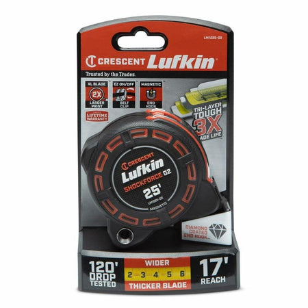 The Crescent Lufkin Shockforce G2 25-foot tape measure, model LM1225-02, shown in its official retail blister pack packaging, which highlights features like "120' DROP TESTED," "17' REACH," and "DIAMOND COATED END HOOK."