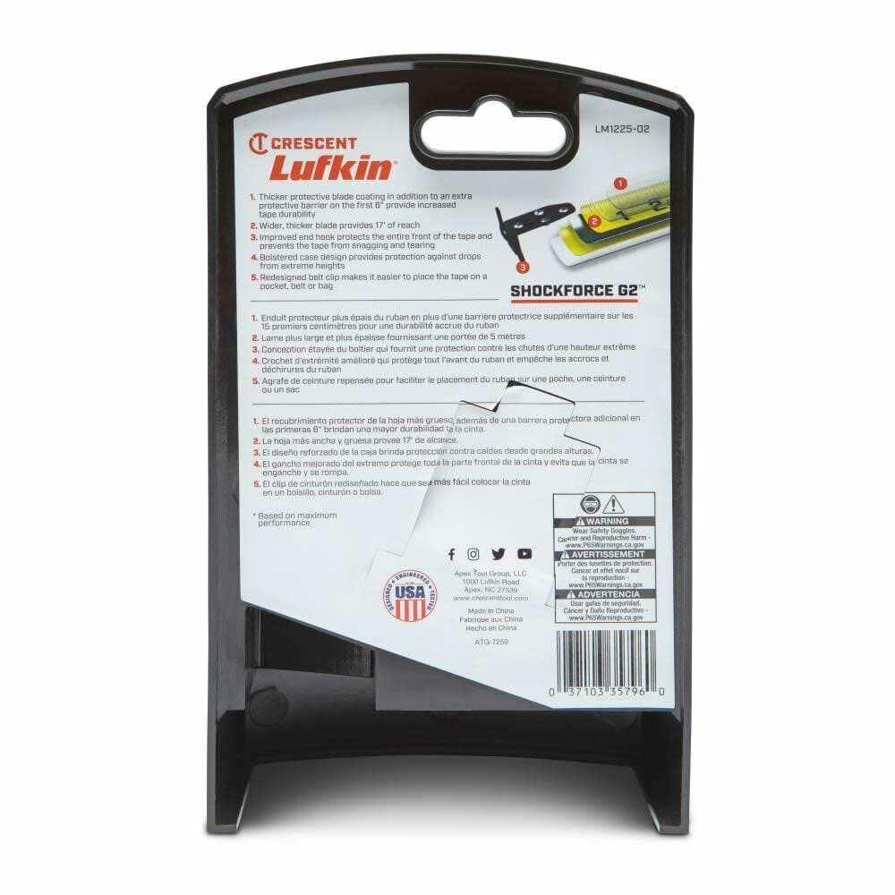 The back of the retail packaging for the Lufkin Shockforce G2 tape measure, detailing its features in English, French, and Spanish.