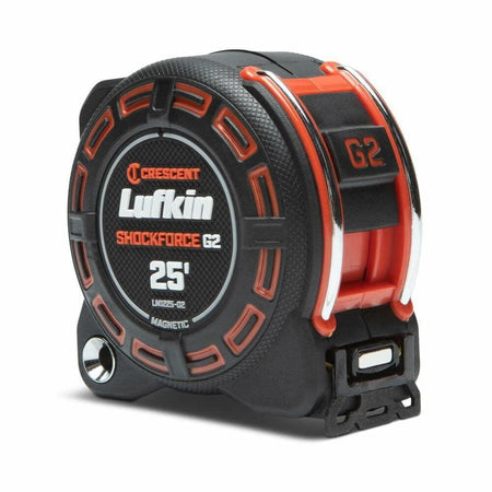 A three-quarter studio shot of the Lufkin Shockforce G2 25-foot tape measure, highlighting the red "G2" lock button and rugged case design.