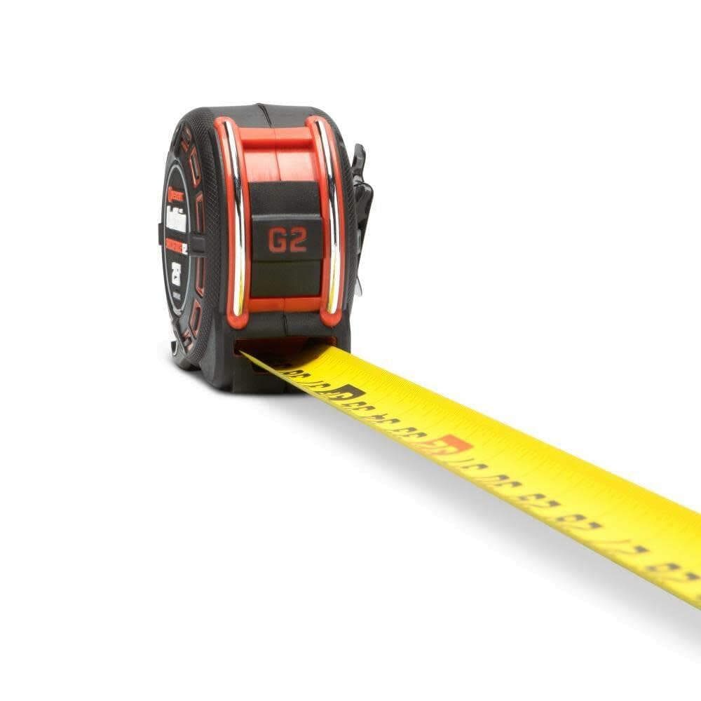 A top-down view of the Lufkin Shockforce G2 tape measure, showing the "G2" logo on the red lock button and the yellow dual-sided blade extended.