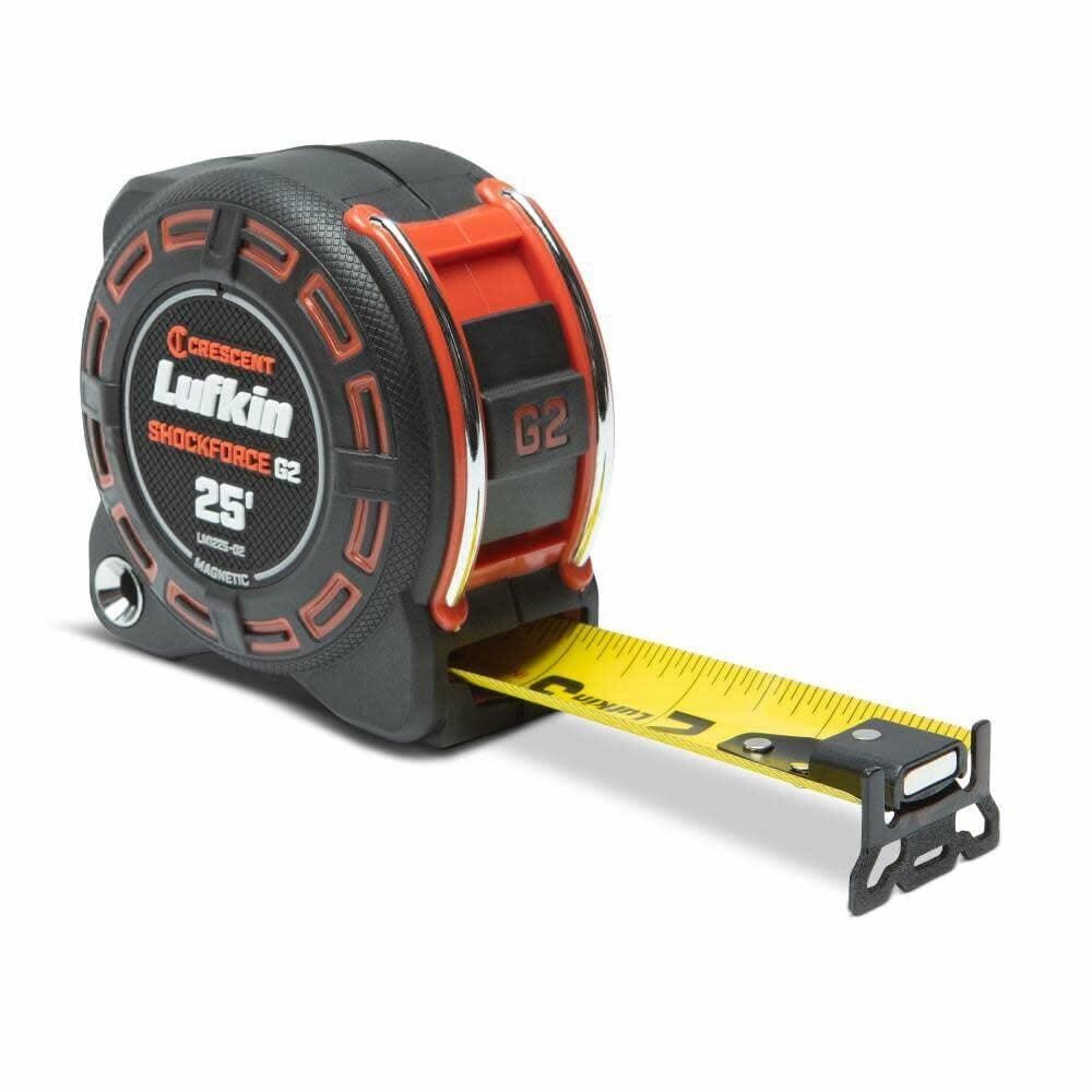 A three-quarter studio shot of the Lufkin Shockforce G2 25-foot tape measure with the yellow dual-sided blade partially extended, showing the magnetic end hook.