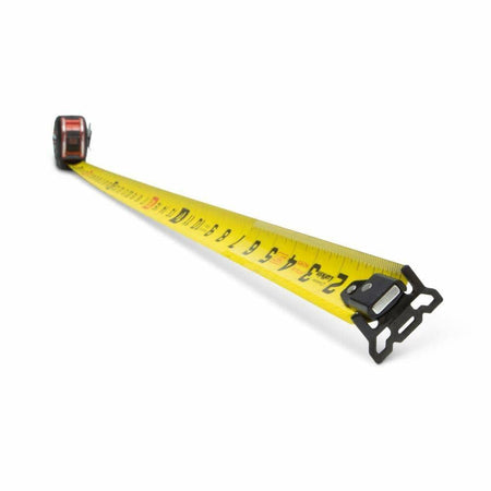 A low-angle studio shot of the Lufkin Shockforce G2 tape measure with its yellow dual-sided blade extended, highlighting the magnetic end hook.