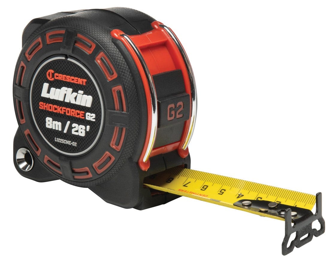 A three-quarter studio shot of the Lufkin Shockforce G2 8m/26' tape measure (L1225CME-02) with the yellow dual-sided blade partially extended, showing SAE and metric markings.