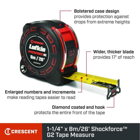 An informational graphic of the Lufkin Shockforce G2 8m/26' tape measure with callouts pointing to key features: "Bolstered case design," "Wider, thicker blade provides 17' of reach," "Enlarged numbers," and "Diamond coated end hook."