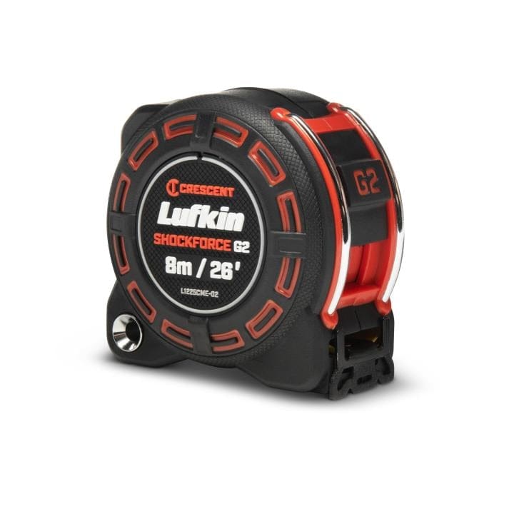 A three-quarter studio shot of the Crescent Lufkin Shockforce G2 8m/26' tape measure (L1225CME-02), highlighting its rugged black and red case and "G2" logo.