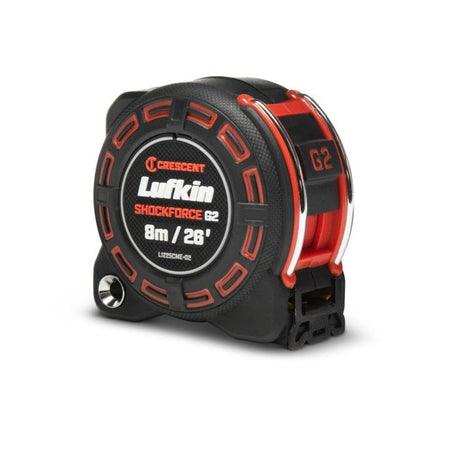 A three-quarter studio shot of the Crescent Lufkin Shockforce G2 8m/26' tape measure (L1225CME-02), highlighting its rugged black and red case and "G2" logo.