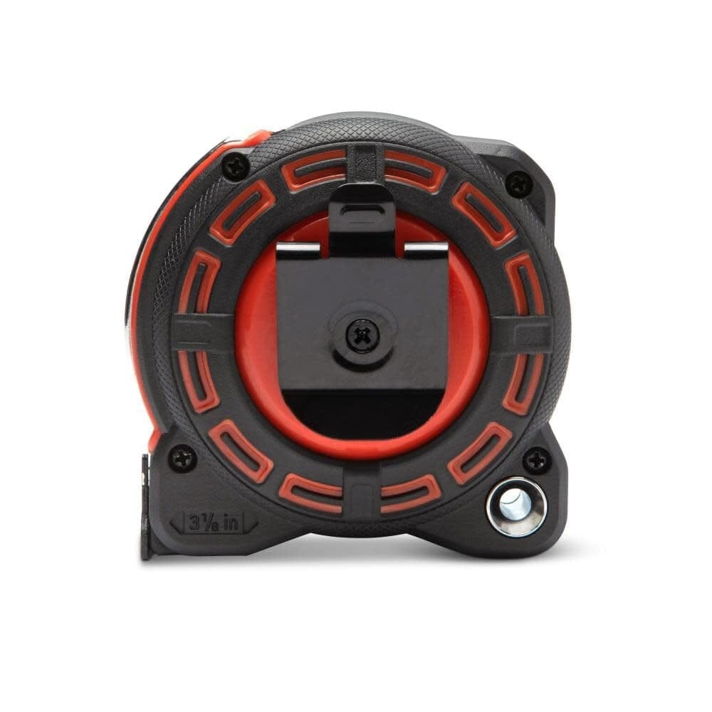 A rear view of the Lufkin Shockforce G2 tape measure, showing the black metal belt clip, tether point, and the 3 3/4-inch base measurement.