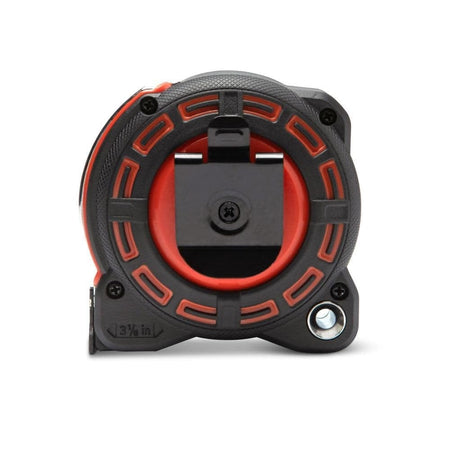 A rear view of the Lufkin Shockforce G2 tape measure, showing the black metal belt clip, tether point, and the 3 3/4-inch base measurement.