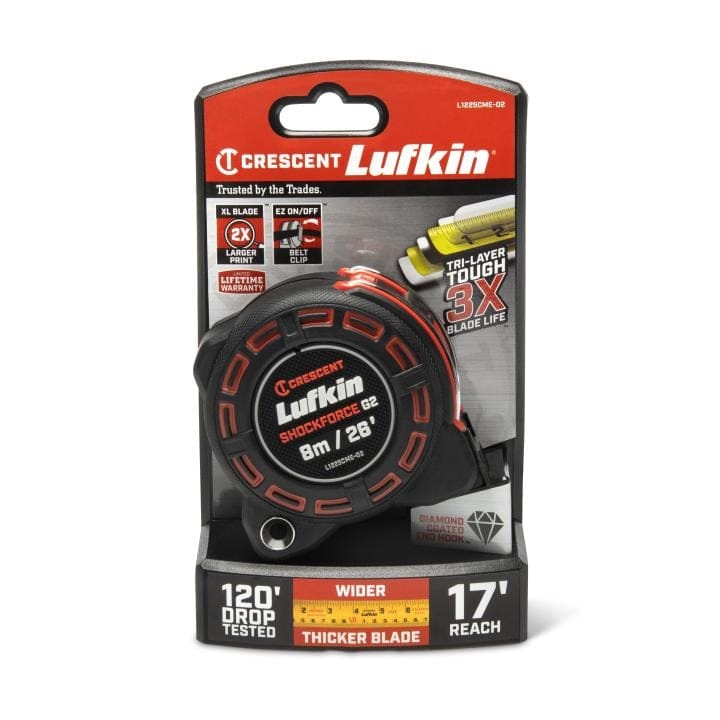 The Crescent Lufkin Shockforce G2 8m/26' tape measure, model L1225CME-02, shown in its official retail blister pack packaging, which highlights features like "120' DROP TESTED" and "17' REACH."