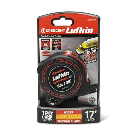 The Crescent Lufkin Shockforce G2 8m/26' tape measure, model L1225CME-02, shown in its official retail blister pack packaging, which highlights features like "120' DROP TESTED" and "17' REACH."
