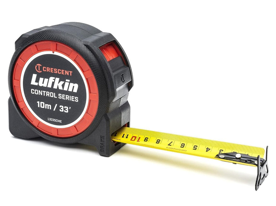 A three-quarter studio shot of the Lufkin Control Series 10m/33' tape measure (L1035CME) with the yellow dual-sided blade partially extended, showing metric markings.