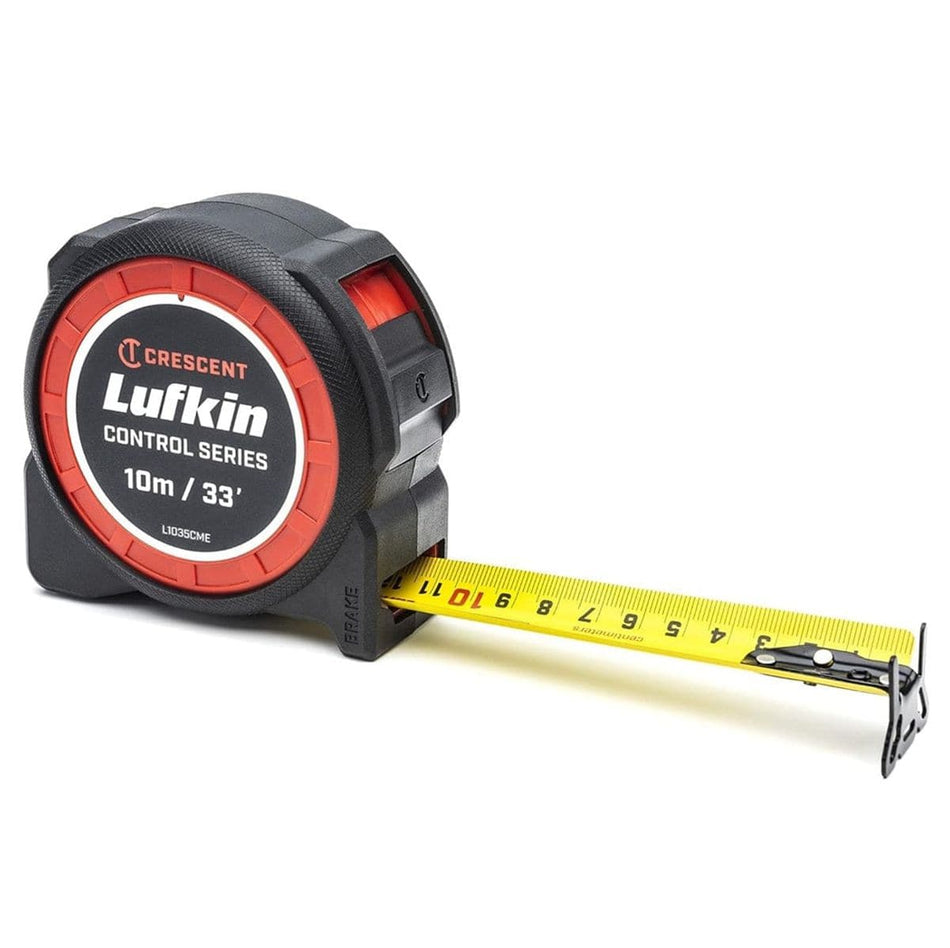 A three-quarter studio shot of the Lufkin Control Series 10m/33' tape measure (L1035CME) with the yellow dual-sided blade partially extended, showing metric markings.