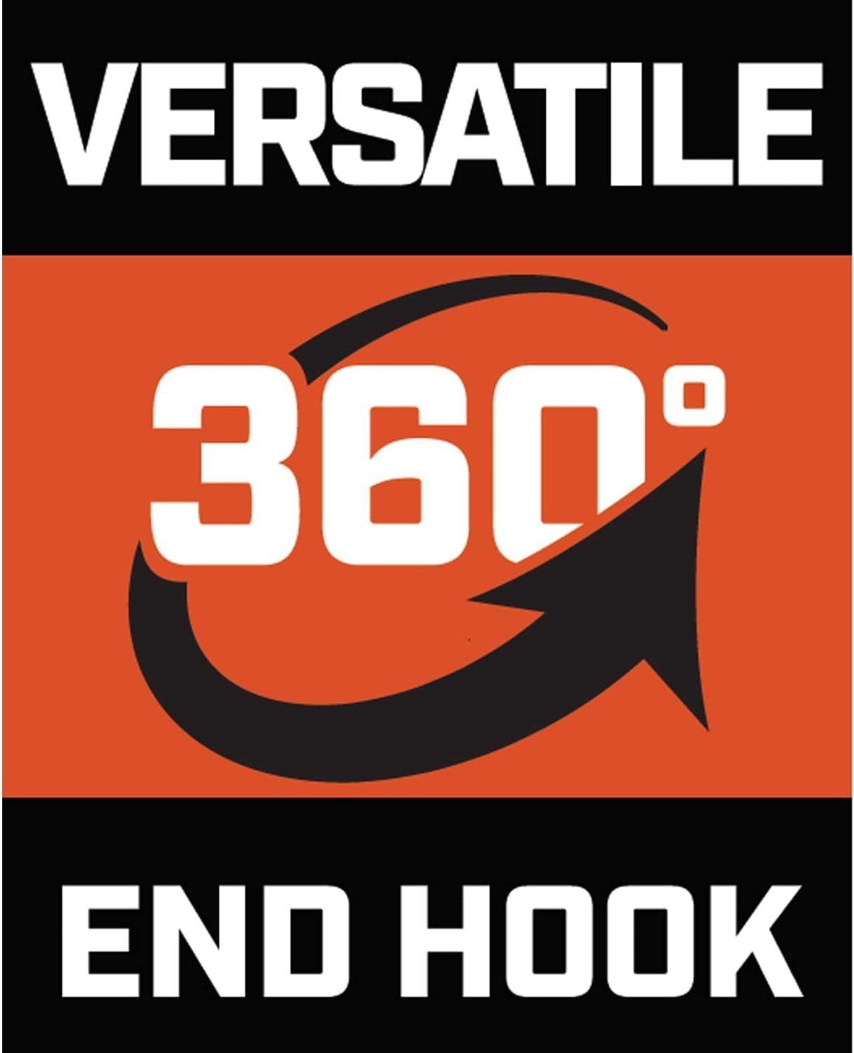 An informational graphic with an orange background that reads "VERSATILE 360° END HOOK" with a rotating arrow.