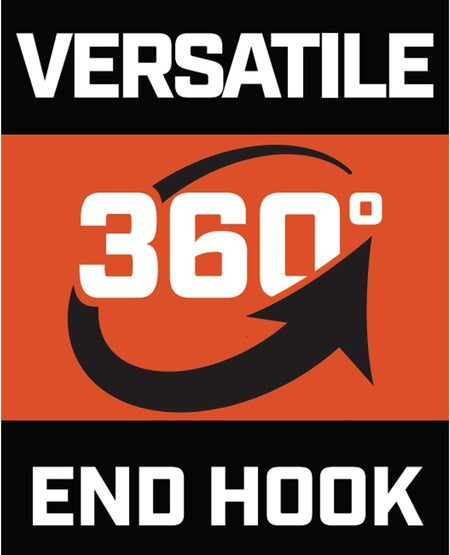 An informational graphic with an orange background that reads "VERSATILE 360° END HOOK" with a rotating arrow.