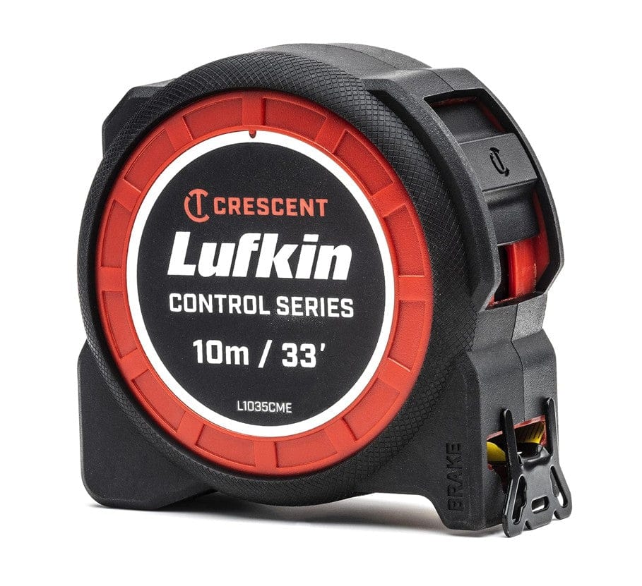 A three-quarter studio shot of the Crescent Lufkin Control Series 10m/33' tape measure (L1035CME), highlighting its rugged black and red case, red lock button, and finger brake.