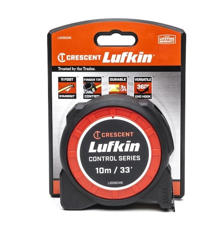 The Crescent Lufkin Control Series 10m/33' tape measure (L1035CME) shown in its official retail blister pack packaging, which highlights features like "11 FOOT STANDOUT" and "FINGER TIP CONTROL."