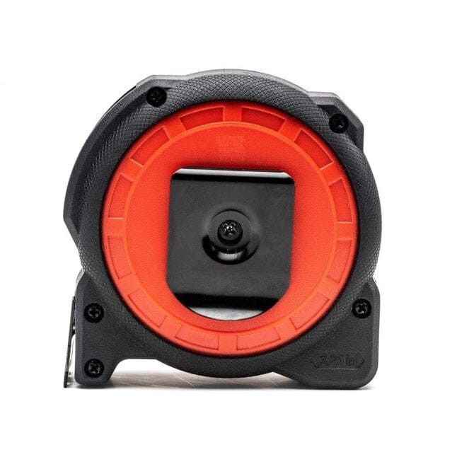 A rear view of the Lufkin Control Series tape measure, showing the black metal belt clip, red case accents, and the 3.25-inch base measurement.