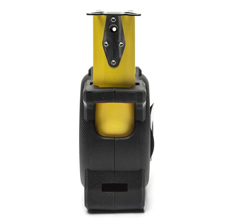 A front-on studio shot of the Lufkin Control Series tape measure, showing the yellow blade and finger brake slot.