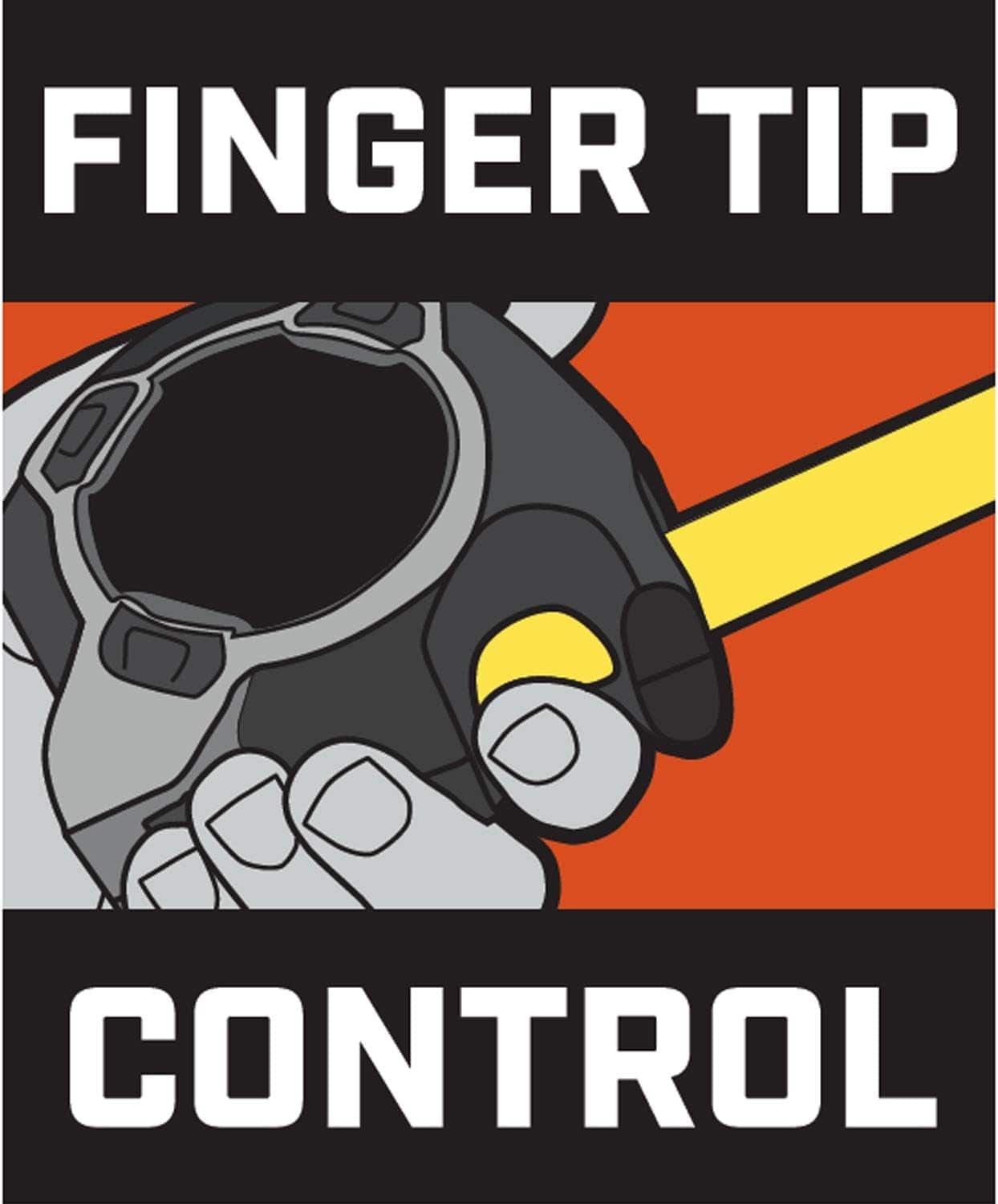 An informational graphic illustrating "FINGER TIP CONTROL," showing a gloved finger pressing the yellow brake on the underside of a tape measure.