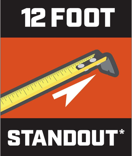 An informational graphic illustrating the "12 FOOT STANDOUT" of a tape measure blade.