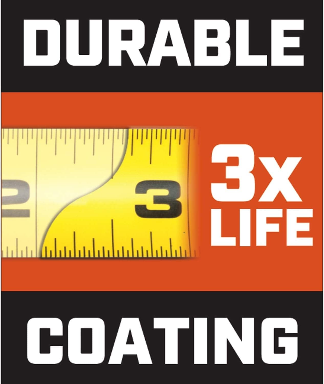 An informational graphic with an orange background that reads "DURABLE COATING" and shows a close-up of the tape blade with "3X LIFE."