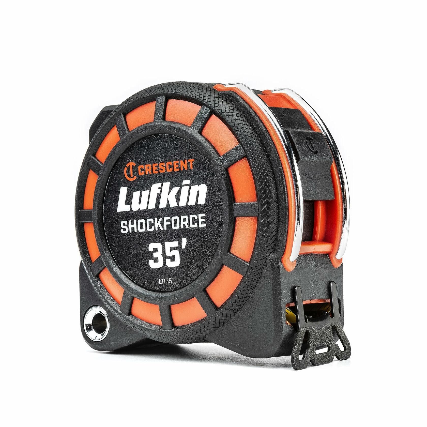 A profile studio shot of the Crescent Lufkin Shockforce 35-foot tape measure, showing its rugged black and orange case and steel tether point.