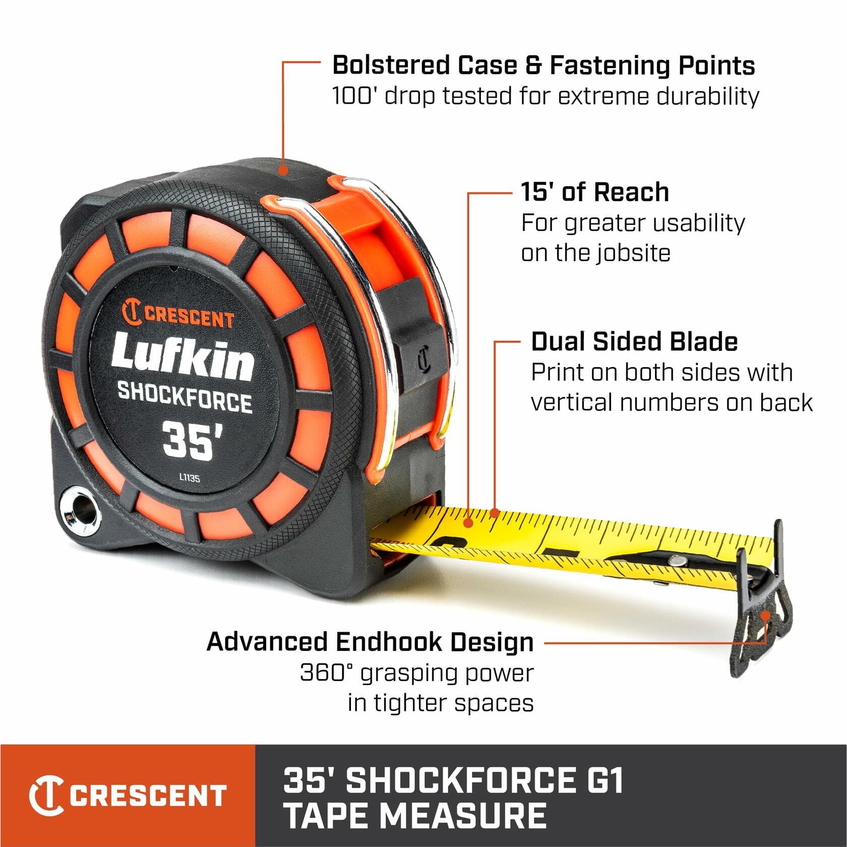 An informational graphic of the 35-foot Shockforce G1 tape measure with callouts pointing to key features: "Bolstered Case & Fastening Points," "15' of Reach," "Dual Sided Blade," and "Advanced Endhook Design."
