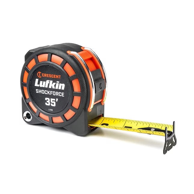 A three-quarter studio shot of the Lufkin Shockforce 35-foot tape measure with the yellow dual-sided blade partially extended, showing the end hook.