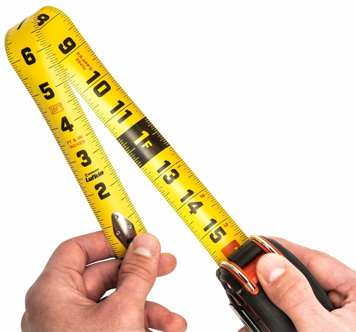 A pair of hands twists the dual-sided yellow blade of a Lufkin tape measure to demonstrate its flexibility and the vertical markings on the underside.