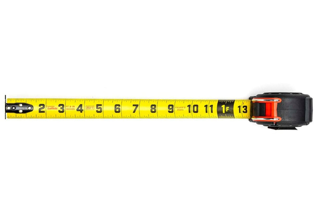 A top-down view of a Lufkin tape measure with the yellow blade extended horizontally to the 13-inch mark.