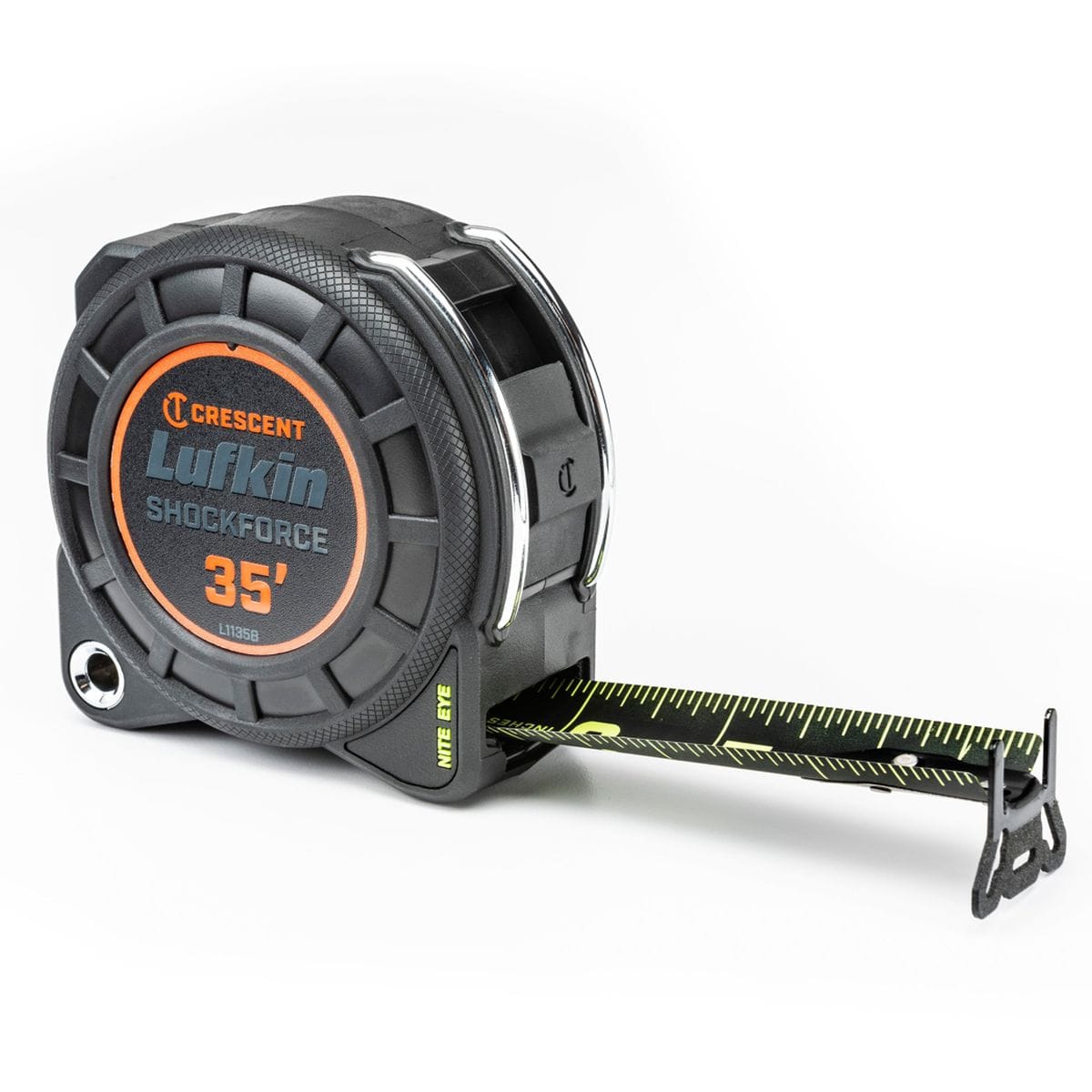 A three-quarter studio shot of the Crescent Lufkin Shockforce 35-foot tape measure, showing its rugged black and orange case and the Nite Eye blade partially extended.