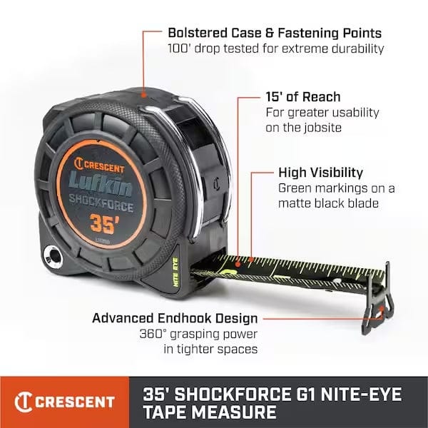 An informational graphic of the 35-foot Shockforce G1 Nite-Eye tape measure with callouts pointing to key features: "Bolstered Case & Fastening Points," "15' of Reach," "High Visibility," and "Advanced Endhook Design."