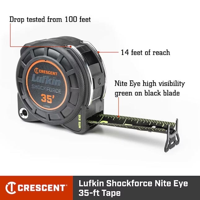 An informational graphic of the Lufkin Shockforce Nite Eye 35-foot tape measure with callouts pointing to key features: "Drop tested from 100 feet," "14 feet of reach," and "Nite Eye high visibility green on black blade."