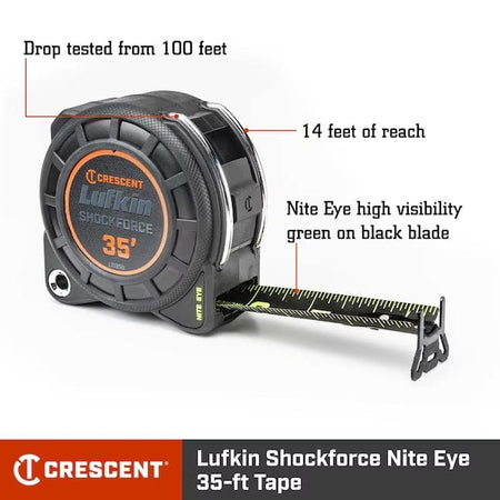 An informational graphic of the Lufkin Shockforce Nite Eye 35-foot tape measure with callouts pointing to key features: "Drop tested from 100 feet," "14 feet of reach," and "Nite Eye high visibility green on black blade."