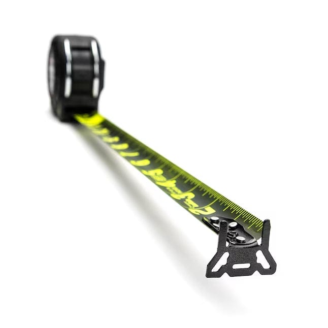 A close-up, low-angle shot of the Lufkin Shockforce tape measure's extended blade and advanced grip end hook on a white background.
