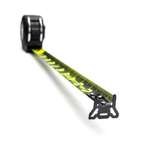 A close-up, low-angle shot of the Lufkin Shockforce tape measure's extended blade and advanced grip end hook on a white background.